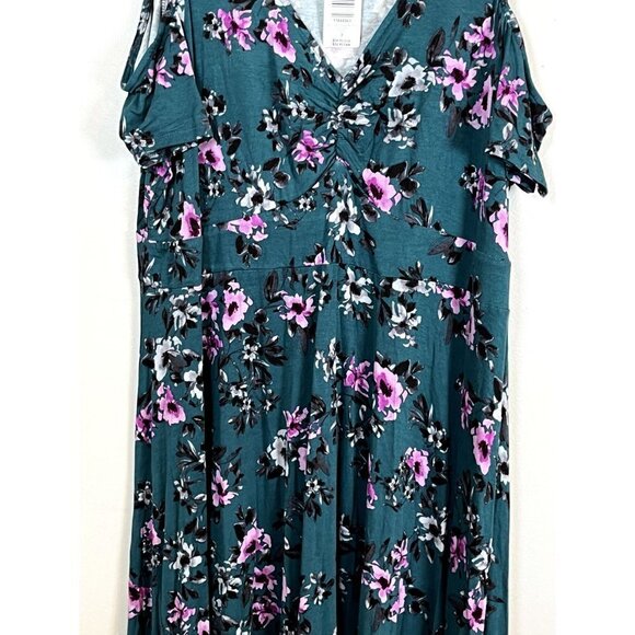 Torrid Dress 22 Green Midi Floral Cold Shoulder Feminine Tropical Retro Boho 80s - Picture 4 of 15
